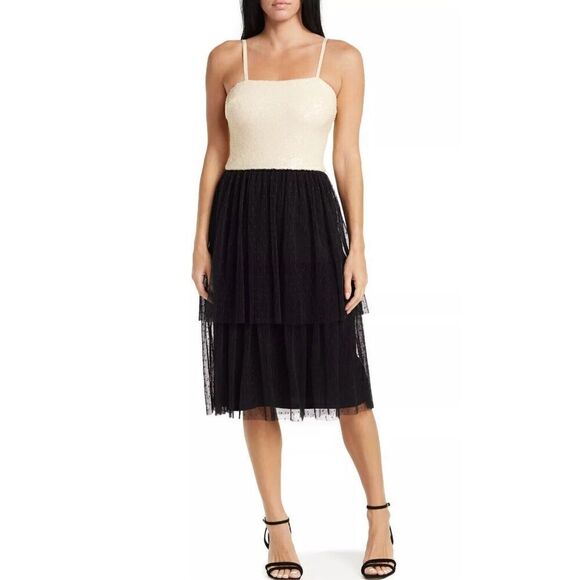 Dress the Population NWT Kady Sequin Tiered Point D'Esprit Dress Medium - Picture 5 of 8
